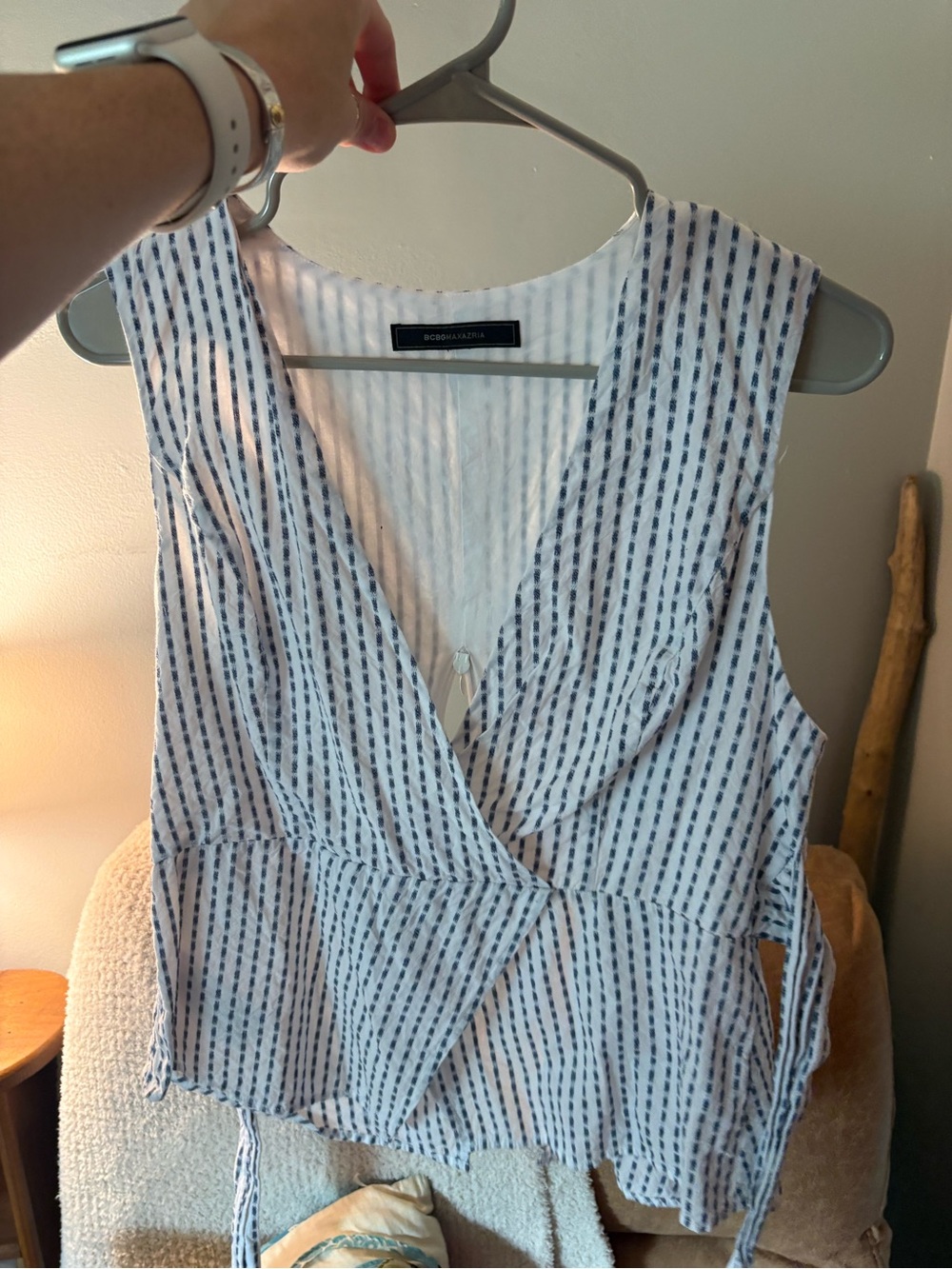 BCBGeneration White and Navy Striped Wrap Tank